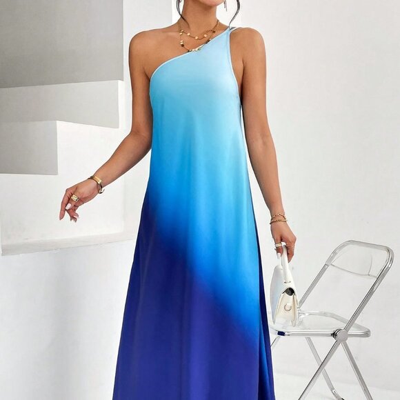 Blue Boho Womens Ombre One Shoulder Maxi Dress - Picture 3 of 5
